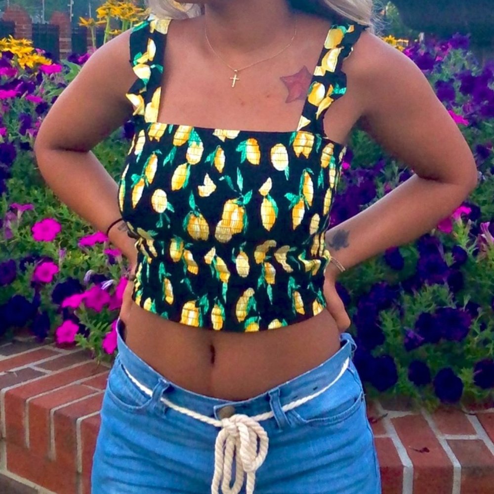 PINK Black and Yellow Lemon Printed Square Neck Crop Top Size S